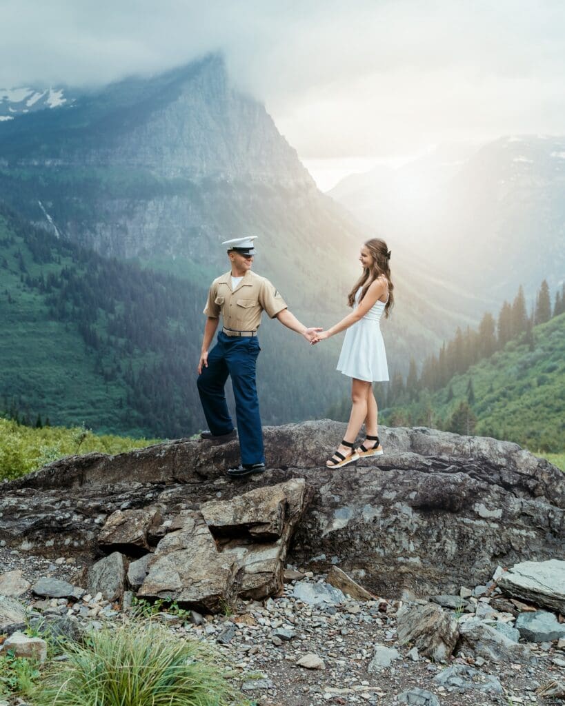 couple at big bend in glacier national park montana during an elopement with mountain views and scenic landscape