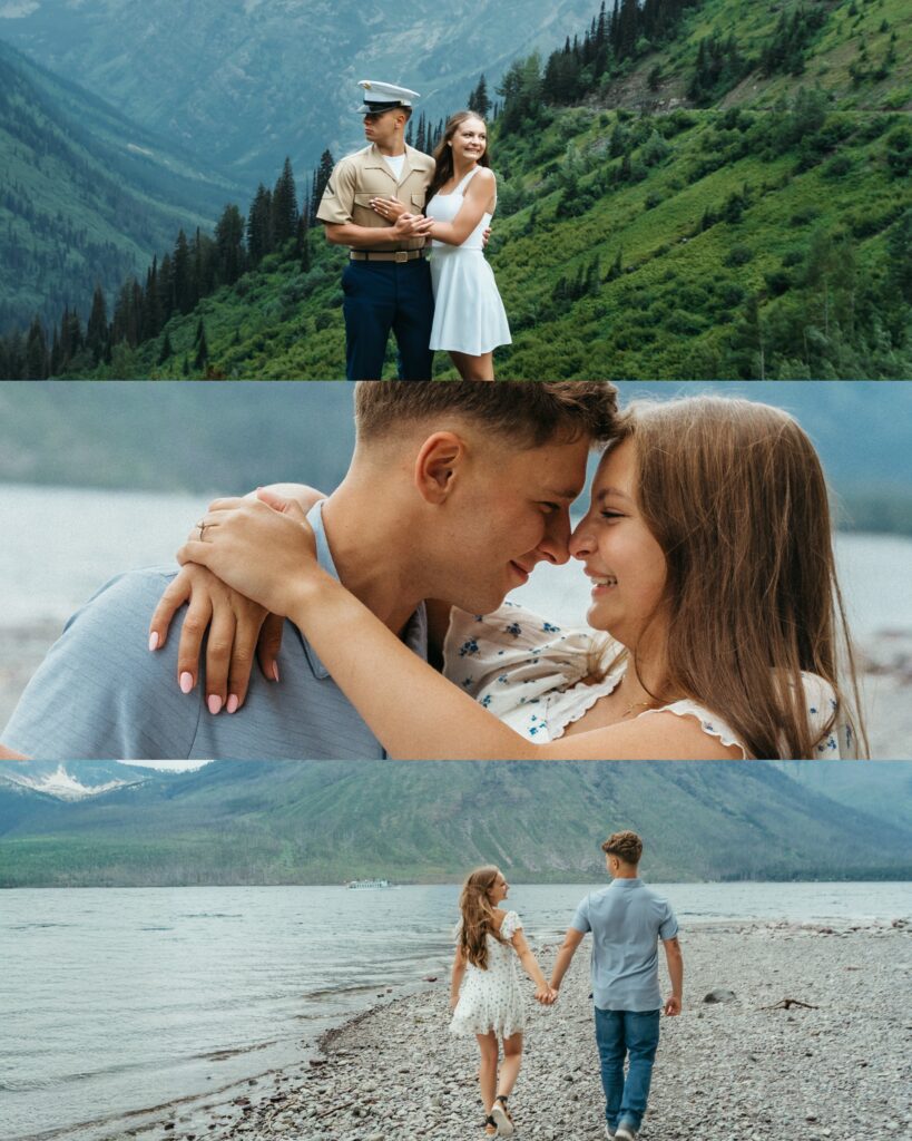 Couple sharing an intimate moment by the lake during their Glacier National Park elopement with mountain views in the background
