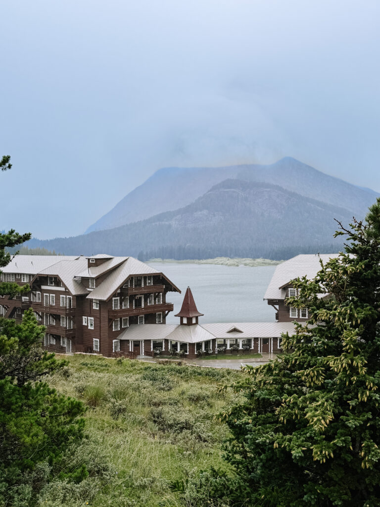 Many Glacier Lodge in Glacier National Park overlooking Swiftcurrent Lake with mountain views, a stunning location for an intimate elopement
